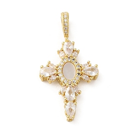 Rack Plating Brass Micro Pave Cubic Zirconia Pendants with Shell, Lead Free & Cadmium Free, Cross