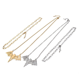 2Pcs 2 Style 304 Stainless Steel Bat Pendant Necklaces Set, Paperclip & Curb Chains Stackable Necklaces for Women Men