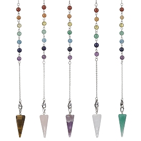 Natural Mixed Gemstone Pointed Dowsing Pendulums, with 304 Stainless Steel Cable Chains, Faceted, Hexagonal Cone Charm
