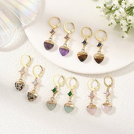 Aretes colgantes con cierre de palanca y piedras preciosas naturales, estrella con el corazón, con conectores de eslabones de vidrio transparente y 304 cierres de pendientes de acero inoxidable