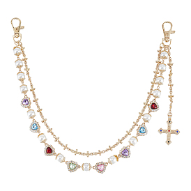 Двухслойные цепочки из сплава, искусственного жемчуга и разноцветных акриловых стразов в форме сердца для брюк., с поперечными прелести