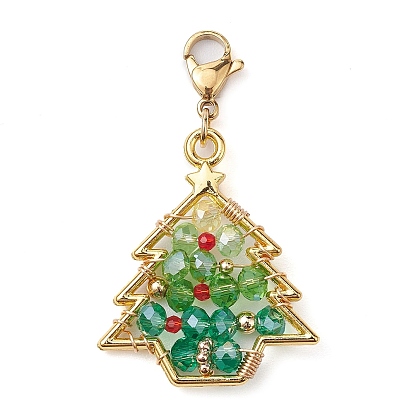 Christmas Tree Glass & Alloy Pendant Decorations, Lobster Claw Clasps Charm for Bag Key Chain Ornaments