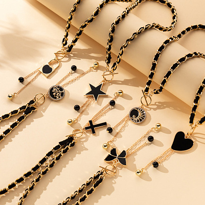 Сплав черная эмаль кисточка кулон или ожерелья, ожерелья из бархатных и алюминиевых цепочек, золотые