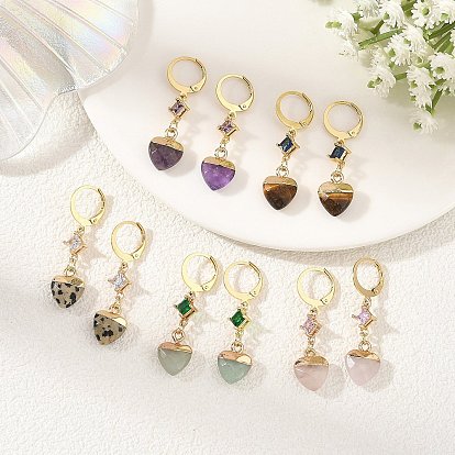 Natural Gemstone Leverback Dangle Earrings, Star with Heart, with Transparent Glass Links Connectors and 304 Stainless Steel Leverback Earring Findings