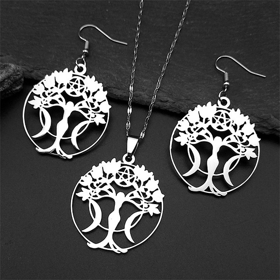 304 комплекты сережек и подвесок из нержавеющей стали, плоский круг с деревом жизни и тройной богиней луны