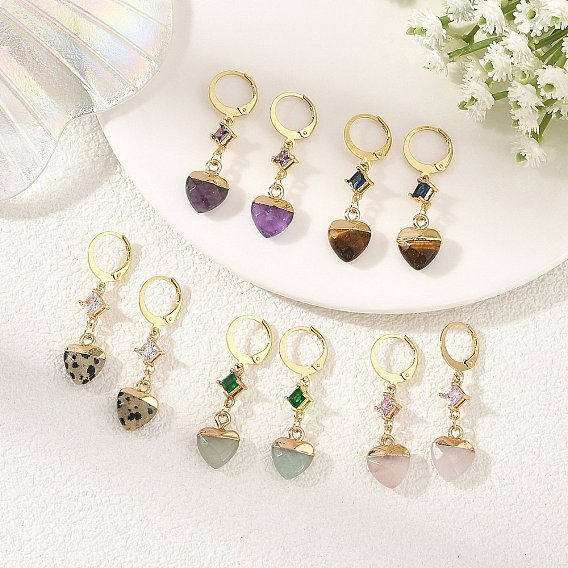 Natural Gemstone Leverback Dangle Earrings, Star with Heart, with Transparent Glass Links Connectors and 304 Stainless Steel Leverback Earring Findings