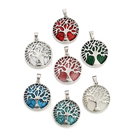 Mixed Gemstone Pendants, Tree of Life Alloy Charms, Platinum, Mixed Dyed and Undyed