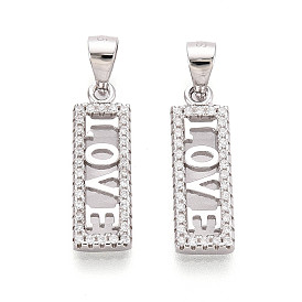 925 Прямоугольная подвеска из стерлингового серебра с микропаве из прозрачных кубических цирконий и надписью «любовь», с защелкивающимися скобами и 925 штампом, родий