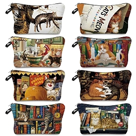 Cat Print Linen Cosmetic Zipper Pouches, Waterproof Clutch Bag, Toilet Bag for Women