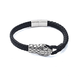 Men's Braided Black PU Leather Cord Bracelets, Snake Head 304 Stainless Steel Link Bracelets with Magnetic Clasps