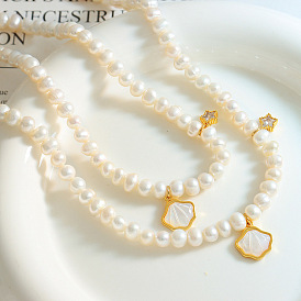 Geometric freshwater shellfish with freshwater pearls a variety of materials stitching zircon pendant necklace clavicle chain female