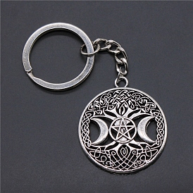 Metal Keychains, Flat Round with Tree of Life, Star & Moon