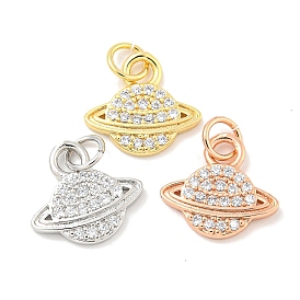 Rack Plating Brass Micro Pave Clear Cubic Zirconia Pendants, Long-Lasting Plated, with Jump Rings, Lead Free & Cadmium Free, Planet