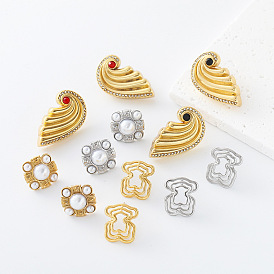 304 Boucles d'oreilles à tige en acier inoxydable avec strass pour femmes, vague/croix, avec perle d'imitation
