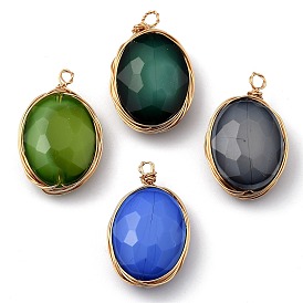 Pearl Luster Plated Glass Pendants, with Eco-Friendly Copper Wire Edge Wrapped, Faceted, Oval