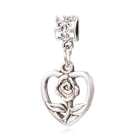 Tibetan Style Alloy European Dangle Charms, Large Hole Pendants, Heart with Rose, 32mm, Hole: 4.5mm