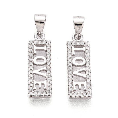 925 Прямоугольная подвеска из стерлингового серебра с микропаве из прозрачных кубических цирконий и надписью «любовь», с защелкивающимися скобами и 925 штампом, родий
