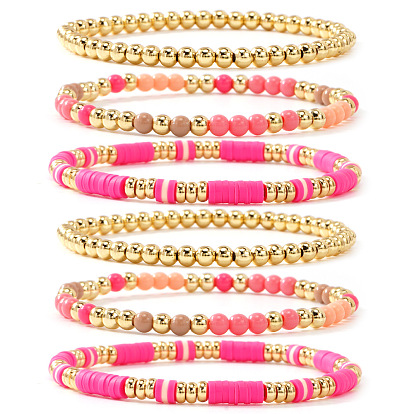 6 шт. 6 стили: эластичные браслеты из пластика, латуни и полимерной глины в стиле бохо для женщин, золотые
