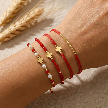 Verstellbare Armbänder aus geflochtenen Kunstperlen, Messing und Glasperlen für Damen, golden