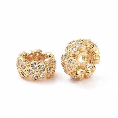 Brass Micro Pave Cubic Zirconia Spacer Beads, Flat Round with Flower