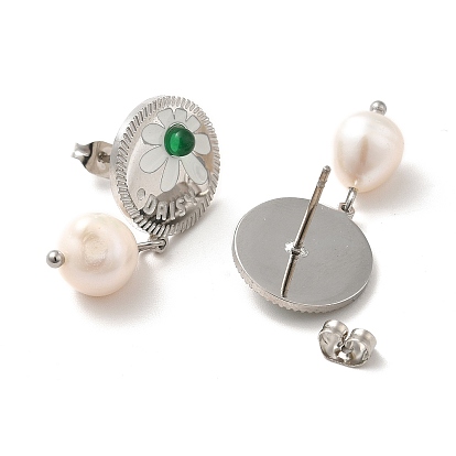Boucles d'oreilles pendantes marguerite avec perle naturelle, 304 boucles d'oreilles pendantes en acier inoxydable pour femmes