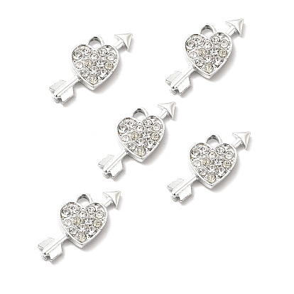 Alloy Rhinestone Pendants, Platinum Tone Heart with Arrow Charms