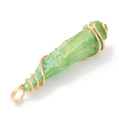Electroplated Raw Rough Natural Quartz Crystal Copper Wire Wrapped Pendants, Green Plated Teardrop Charms with Bras Star Beads
