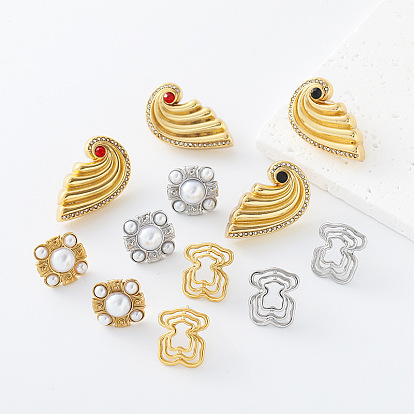 304 Boucles d'oreilles à tige en acier inoxydable avec strass pour femmes, vague/croix, avec perle d'imitation