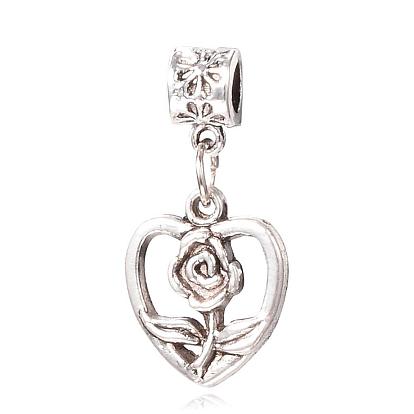 Tibetan Style Alloy European Dangle Charms, Large Hole Pendants, Heart with Rose, 32mm, Hole: 4.5mm