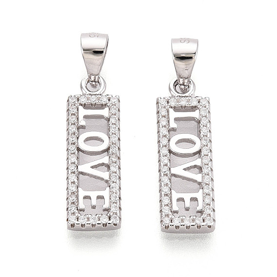 925 Прямоугольная подвеска из стерлингового серебра с микропаве из прозрачных кубических цирконий и надписью «любовь», с защелкивающимися скобами и 925 штампом, родий