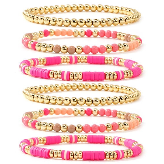 6 шт. 6 стили: эластичные браслеты из пластика, латуни и полимерной глины в стиле бохо для женщин, золотые