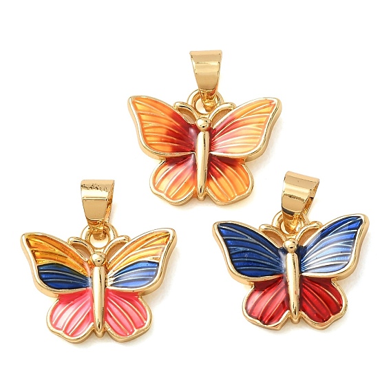 Brass Enamel Pendants, Butterfly Charms, Real 18K Gold Plated