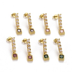Boucles d'oreilles à clous en zircone cubique micro pavée de laiton placage en rack, avec des perles d'imitation en plastique, plaqué or 18 k véritable longue durée, sans plomb et sans cadmium, rectangle avec carré