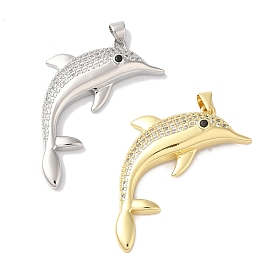 Rack Plating Brass & Clear Cubic Zirconia Pendants, Cadmium Free & Lead Free, Long-Lasting Plated, Dolphin
