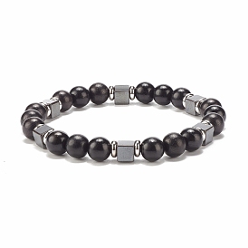 Natural Wood & Synthetic Hematite Beaded Stretch Bracelet, Gemstone Jewelry for Women