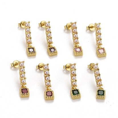 Boucles d'oreilles à clous en zircone cubique micro pavée de laiton placage en rack, avec des perles d'imitation en plastique, plaqué or 18 k véritable longue durée, sans plomb et sans cadmium, rectangle avec carré