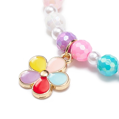 5Pcs 5 Style Round & Heart & Clover Beaded Bracelets Set, Alloy Enamel Flower & Rainbow Charms Stackable Bracelets for Girls