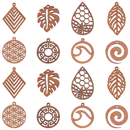 16шт 8 стили подвески из натурального орехового дерева, неокрашенными, полое очарование, ромб, капля и плоский круг, разнообразные
