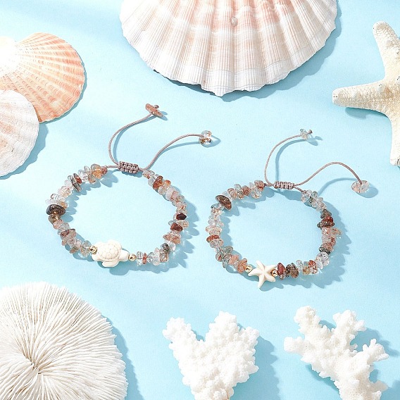 2шт. регулируемые браслеты из плетеных бусин из натурального черного золота с рутиловым кварцем, черепаха и морская звезда, с синтетическими бирюзовый