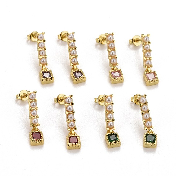 Rack Plating Brass Micro Pave Cubic Zirconia Stud Earrings, with Plastic Imitation Pearls, Long-Lasting Golden, Lead Free & Cadmium Free, Rectangle with Square