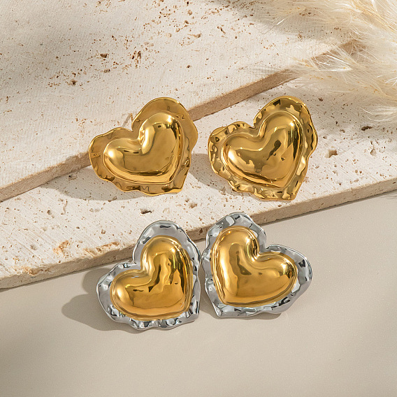 Серьги-гвоздики в форме сердца из нержавеющей стали с текстурой