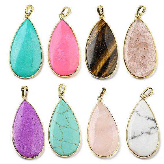 Драгоценный камень подвески, Подвески-капли со стойкой, фурнитура из латуни золотистого цвета