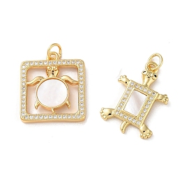 Brass Micro Pave Clear Cubic Zirconia Pendants, with Shell and Jump Ring, Real 18K Gold Plated