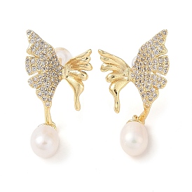 Natural Pearl Stud Earrings, Butterfly Brass Micro Pave Clear Cubic Zirconia Dangle Earrings for Women