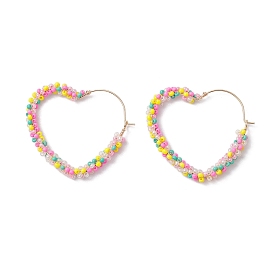 Boucles d'oreilles créoles en perles de rocaille en verre colorées, boucle d'oreille coeur en laiton pour femme