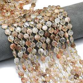 Нити бусин из рутилированного кварца из натурального черного золота, граненый шестиугольный разрез, плоско-круглые, с бисером