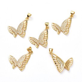 Brass Micro Pave Clear Cubic Zirconia Pendants, with Jump Ring, Long-Lasting Plated, Butterfly