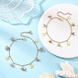 2Pcs 2 Styles Dyed Natural Freshwater Shell & 304 Stainless Steel Starfish Charm Cable Chain Anklet Sets, Golden