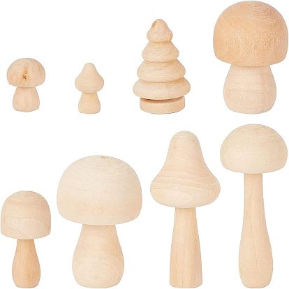 8Pcs Mushroom & Christmas Tree Schima Superba Wooden Children Toys, DIY Accessories