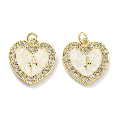 Brass Micro Pave Clear Cubic Zirconia Pendants, Cadmium Free & Lead Free, with Synthetic Opal and Jump Rings, Real 18K Gold Plated, Heart Charms